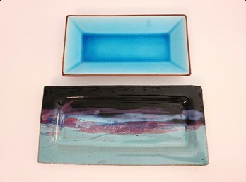 Two Stunning Blue Glazed Rectangular Trays