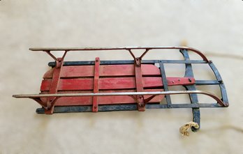 Vintage Wooden Red & Blue Steering Sled W/ Rope