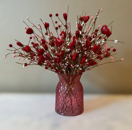 Lovely Romantic Heart Berry Arrangement In A Pink Glass Vase