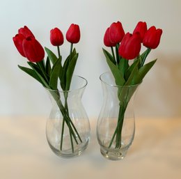 Red Faux Tulip Arrangements In Clear Glass Vases