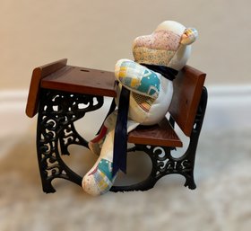 Adorable Patched Plush Teddy In A Vintage School House  Desk