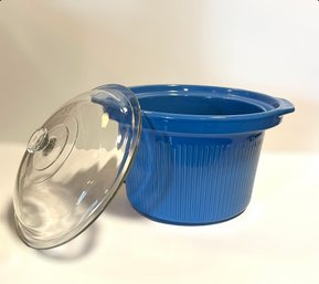 Vintage Blue Crock Pot With Glass Lid