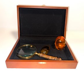 Vintage Wooden Magnifying Glass With Amber Colored Resin Butterfly And Mosquito In A Wooden Case