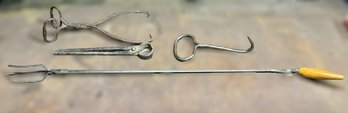 Vintage Set Of Hand Tools W/ Grabber Claw, Steel Hay Hook, Metal Ice Tongs, & Blacksmith Tongs - Lot Of 4