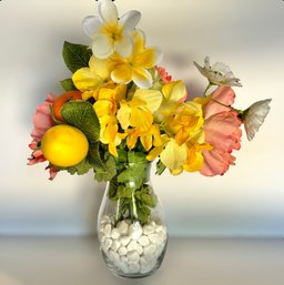 Whimsical Citrus Faux Floral Bouquet In A Clear Vase With Decorative White Rocks