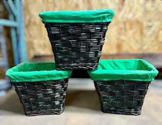 Wonderful Decorative Woven Organizational Baskets With A Vibrant Green Lining - Lot.of 3