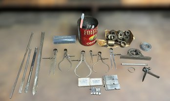 Vintage Calipers, Norton Knife Sharpener, Ridgid Pipe Threaders And Measuring Tools