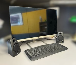 HP 25er LED Monitor, Logitech Keyboard And Logitech Speakers