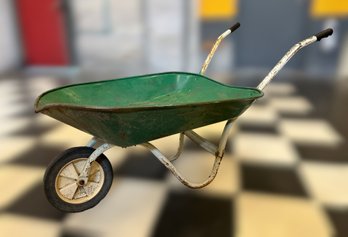 Vintage Green Metal Wheelbarrow With Easy Grip Handles