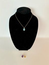 Beautiful 14K Yellow Gold Necklace With A Blue Topaz Pendant Complete With An Amethyst & Gold Citrine Pendant