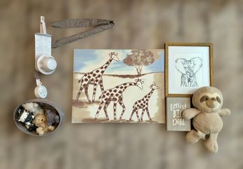 Darling Safari Themed Nursery Decor Featuring An Animal Crib Mobile, Wall Decor And Soft Plush Sloth