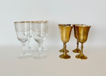 Vintage Brass Wine Glasses And Gold Rimmed Clear Wine Glasses