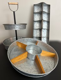 Farmhouse Style Galvanized Steel Entertaining Collection Of A Cake Stand, Chip And Dip Tray & Multi App Tray