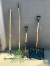 Gardeners Assortment Of Garden Rakes, Shovel And Snow Shovel