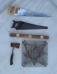 Impressive Collection Of Vintage Hand Saws, Wooden Leveler, Hatchet And Crab Trap