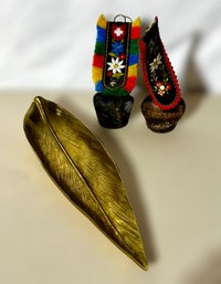 Vintage Brass Feather Tray And Swiss Brass Bells