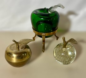 Vintage Collection Of A Green Glass Apple, Clear Glass Apple With Metal Twig And Brass Apple