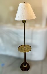 Vintage Mid-Century Modern Brass And Wood Floor Lamp With Ivory Embroidered Shade