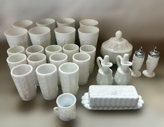 Extensive Collection Of Milk Glass Cups, Butter Dish, Sugar & Creamers,  And Salt/pepper Shakers