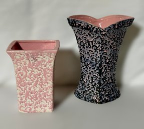 Vintage Mccoy Black/ Pink Speckled Pottery Vase And Mccoy White/ Pink Speckled Pottery Vase