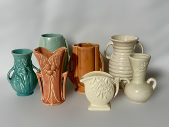 Impressive Collection Of Vintage Mccoy Pottery Vases In Teal, Ivory And Burnt Orange