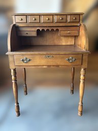 Vintage Solid Wood Rolls Up Desk W/ Upper Drawer Storage And Lock And Key