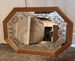 Exquisite Vintage  Pastel Stained Glass Octagon Mirror In A Wooden Frame