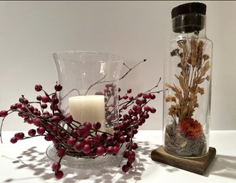 Elegant Berry Garland Candle Holder And Shabby Chic Decorative Corked Bottle With Delicate Dried Flowers