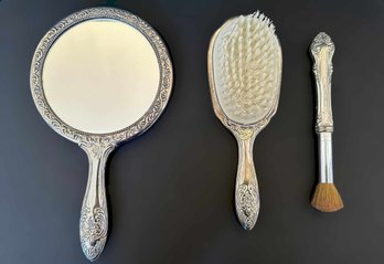 Beautiful Vintage Silver Plater Brush And Mirror Vanity Set. Lot Of 3