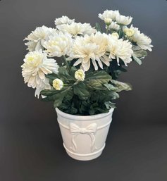 Beautiful Artificial White Chrysanthemum Flowers In A Decorative Pot.