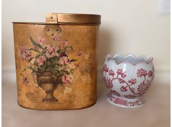 Shabby Chic Decorative Metal Bucket With Flower's And Glass  Decor