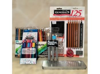 Artistic Set Of Supplies Featuring An Entire Set Of Royal Pencils, Colored Pencils, Art Pencils & Paint Brushs