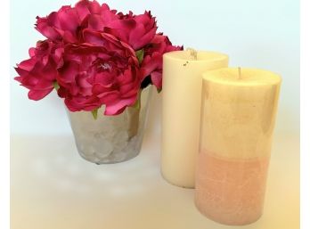 Romantic Artificial Roses And Cream Colored Candles - Lot Of 3