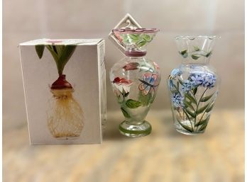 Hand Panted Decorative Vases And Unique Clover Bulb Vase. Lot Of 3