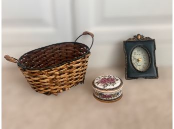 Collection Of Home Decor, Featuring A Wicker Basket,  Vintage Clock And  Romantic Rose Jewelry Box