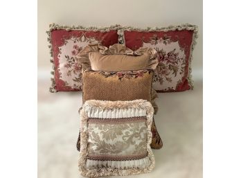 Elegant Floral And Fringe Decorative Throw Pillows. Lot Of 5