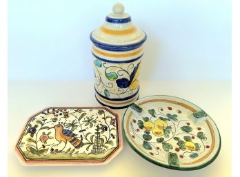Gorgeous Hand Painted Serving Plates From Italy And Portugal  And Beautiful Cookie Jar. Lot Of 3