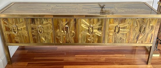 Vintage Mid Century Bernhard Rohne Acid Etched Brass Credenza For Mastercraft 1970's