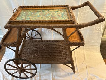 Brown Wicker Wheeled Teacart