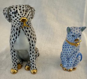 Lot Of 2 Ceramic Herend  Dog And Cat