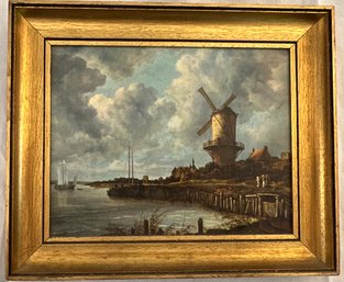 Gold Framed Oil On Canvas Of The  Windmill Of Wijk Bij Duurstede, Netherlands
