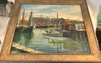 Oil On Canvas - Fishing Village Harbor Scene