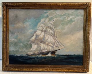 Impressive Oil On Canvas Ship On Sea
