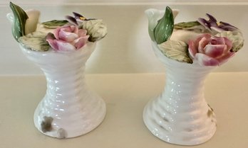 Pair White Flowered Porcelain Candlesticks