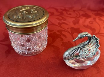 Lot Of 2 - Glass Jar With Silver Plate Top And Swan Salt/pepper Cellar