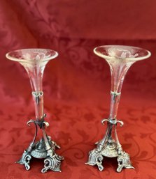 Pair Silver Plate Bud Vases With Glass Fluted Top