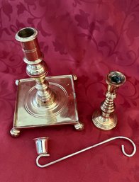 Lot Of 3 Brass Candlesticks And Candle Snifter