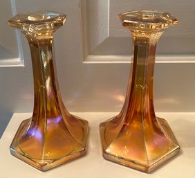 Pair Vintage Irridescent Amber Glass Candlestick Holders