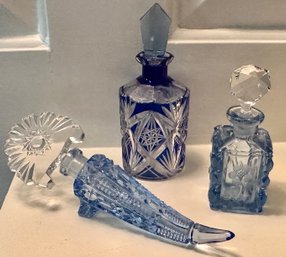 Lot Of 3 Blue Vintage Etched Perfume Bottles