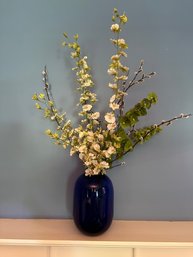 Blue Glass Vase W/artificial Flowers